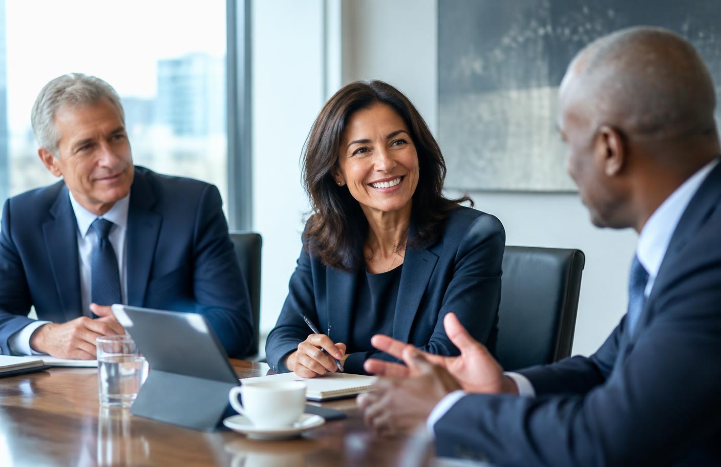 Conselheiros conversando em ambiente executivo
